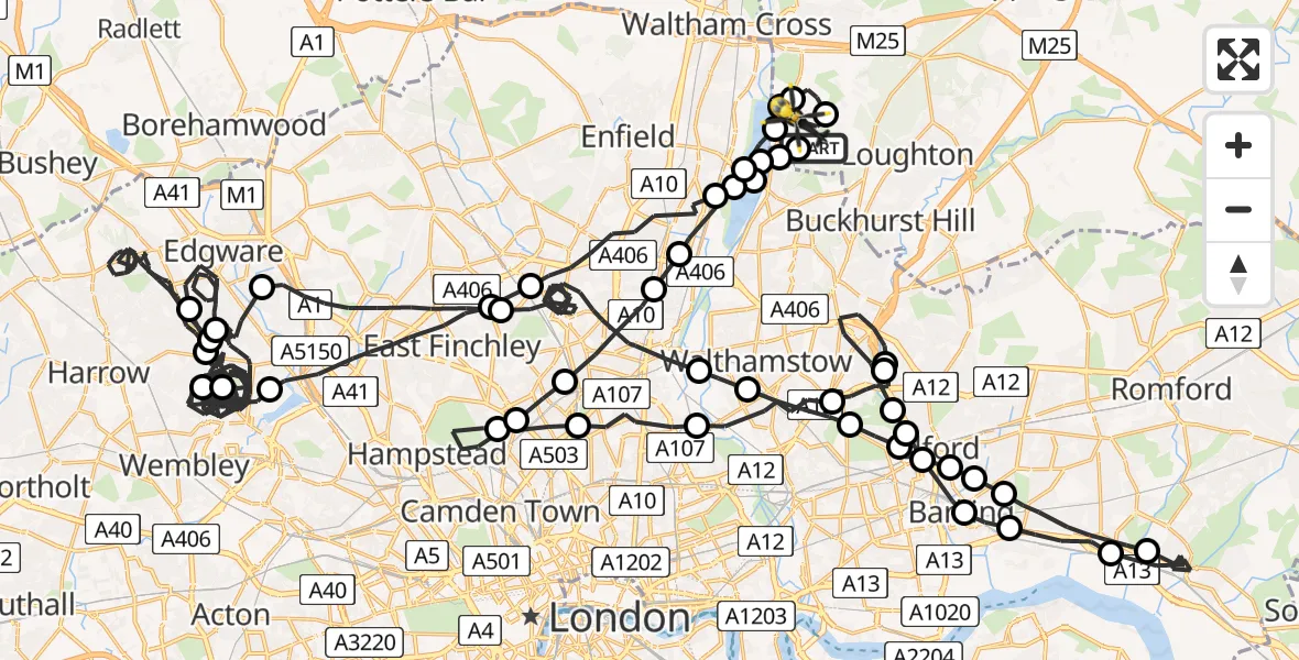 Flight route map: Police Helicopter to Sewardstonebury, Daws Hill
