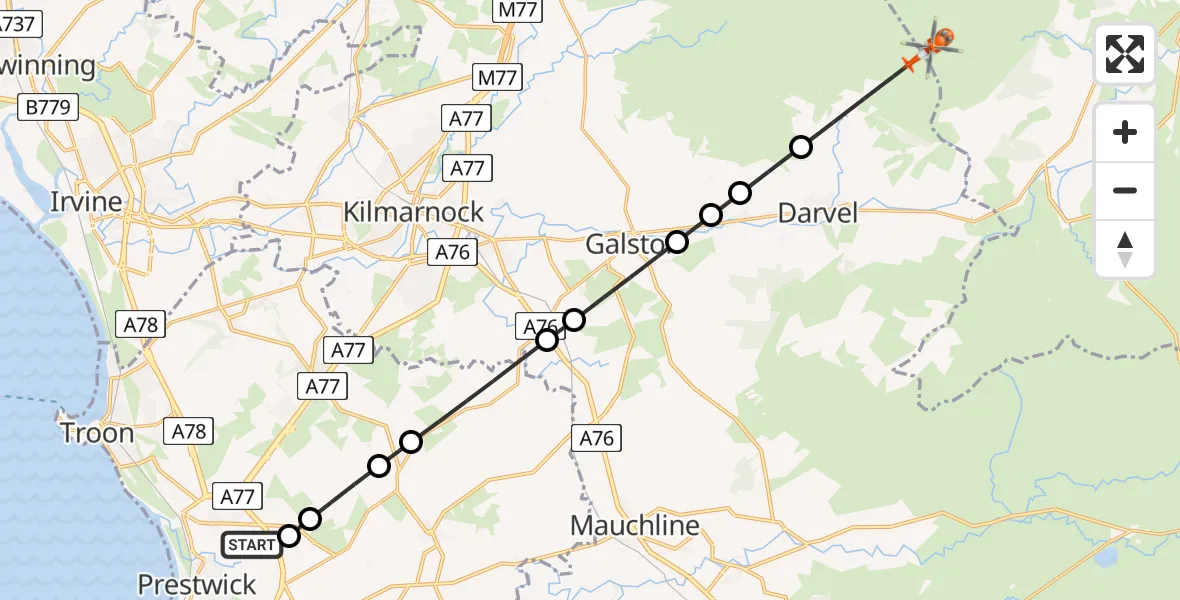 Routekaart van de vlucht: Coastguard Helicopter to Priestland, Glasgow Prestwick Airport