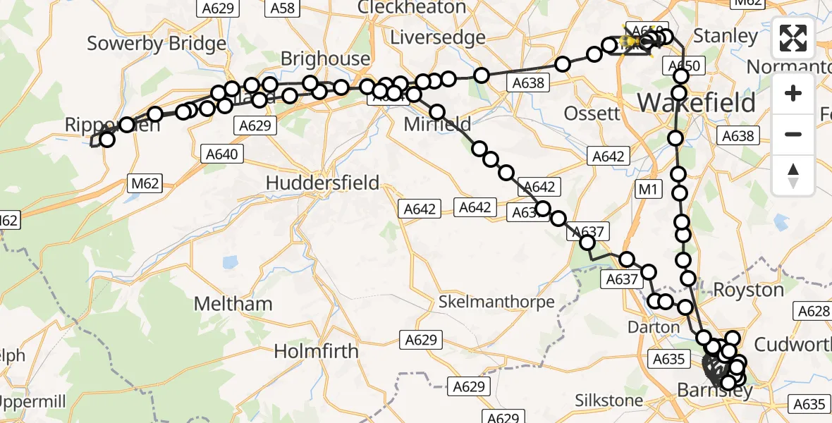 Routekaart van de vlucht: Police Helicopter to East Ardsley, Stoney Lane