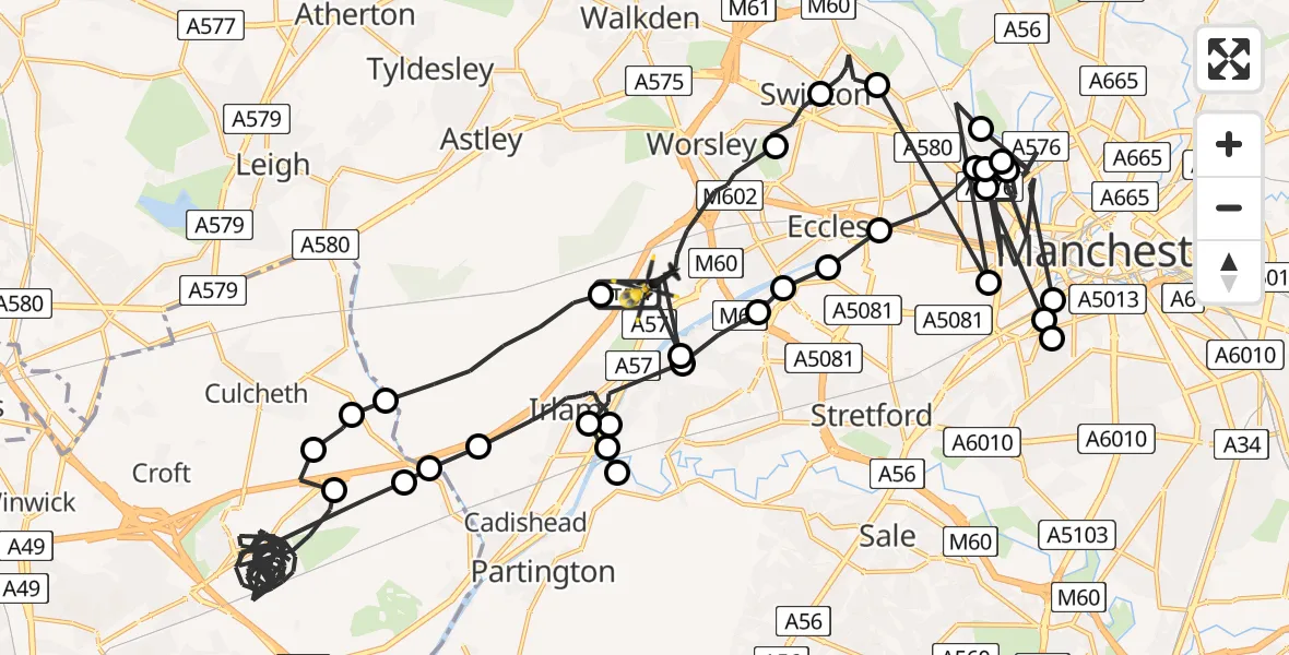 Flight route map: Police Helicopter to Worsley, Twelve Yards Road
