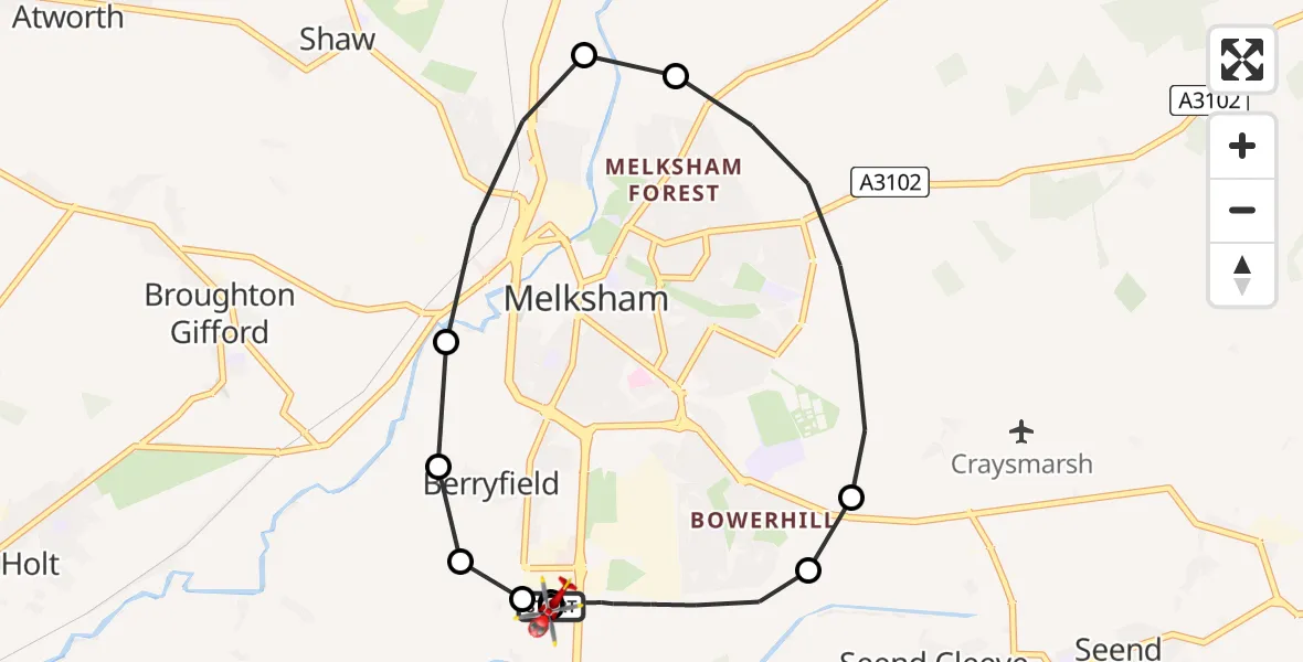 Flight path map showing Air Ambulance Helicopter route from Wiltshire Air Ambulance to Wiltshire Air Ambulance