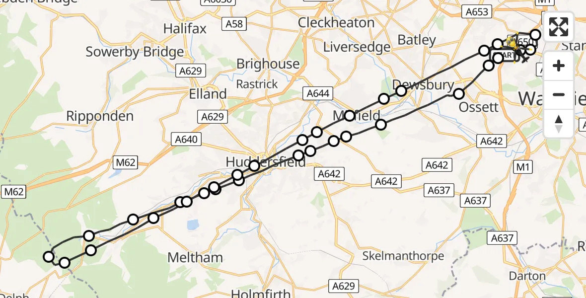 Flight route map: Police Helicopter to East Ardsley, Stoney Lane