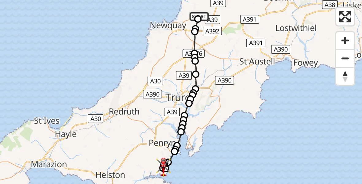 Flight route map: Air Ambulance Helicopter to Maenporth, Maenporth Road