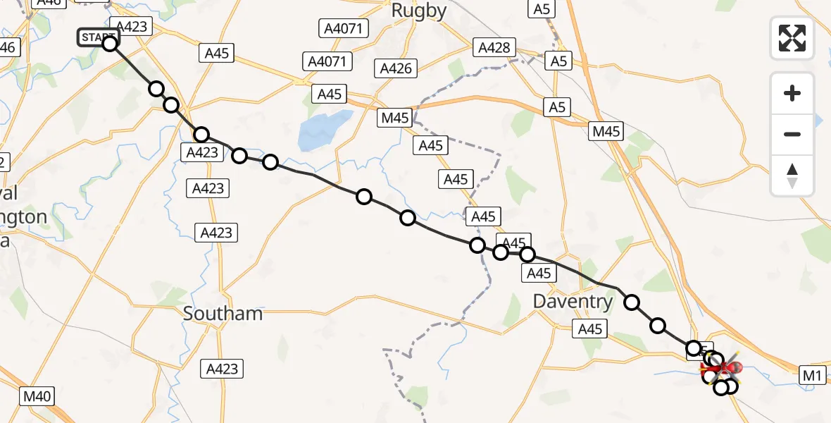 Routekaart van de vlucht: Air Ambulance Helicopter to Church Stowe, Watling Street