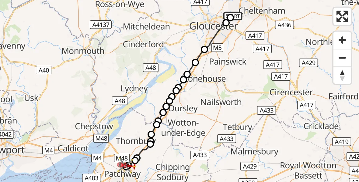 Flight route map: Air Ambulance Helicopter to Almondsbury Helicopter Base, Almondsbury Helicopter Base