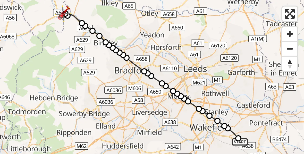 Routekaart van de vlucht: Air Ambulance Helicopter to Crosshills, Aire Valley Bypass