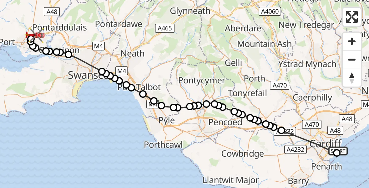 Flight route map: Air Ambulance Helicopter to Dafen, Heol Aur
