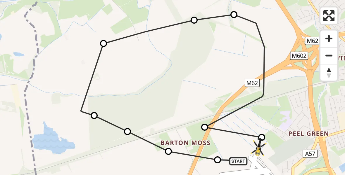 Flight route map: Police Helicopter to Worsley, Twelve Yards Road