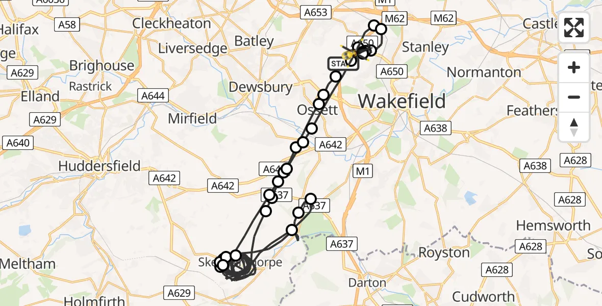 Flight route map: Police Helicopter to East Ardsley, Stoney Lane