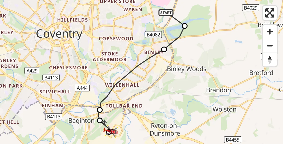 Routekaart van de vlucht: Air Ambulance Helicopter to Coventry Airport, Coventry Airport