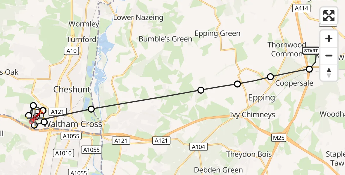 Flight route map: Air Ambulance Helicopter to Waltham Cross, Bulls Cross Ride