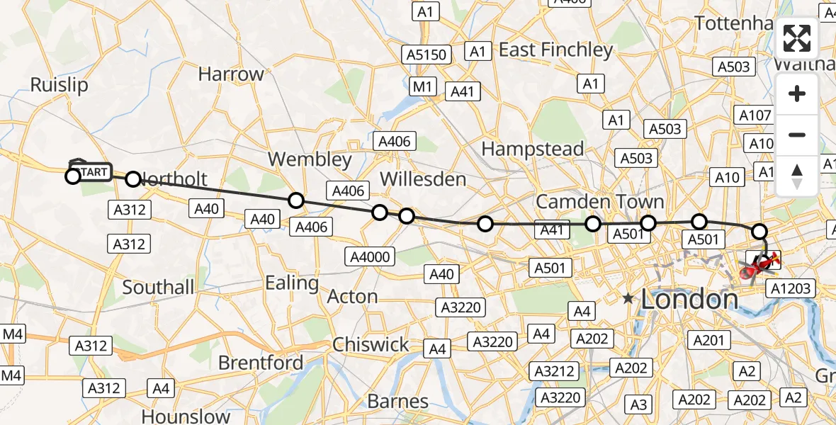 Flight route map: Air Ambulance Helicopter to Royal London Hospital, Royal London Hospital