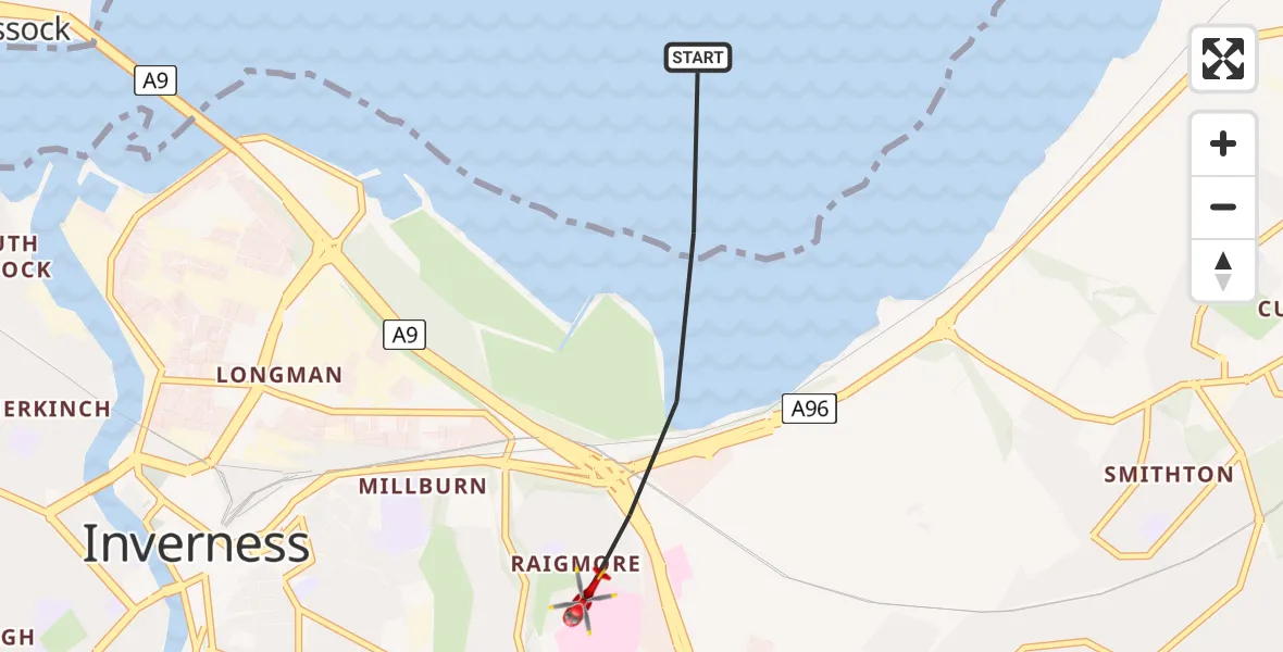 Flight route map: Air Ambulance Helicopter to Inverness, Raigmore Gardens