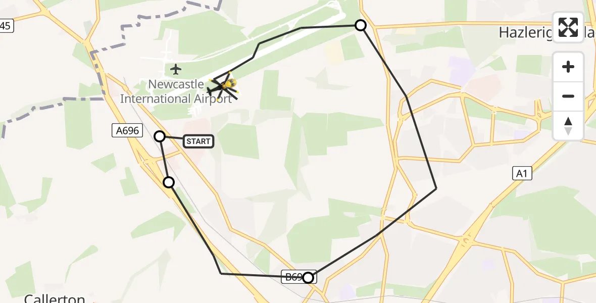 Flight route map: Police Helicopter to Newcastle International Airport, Newcastle International Airport