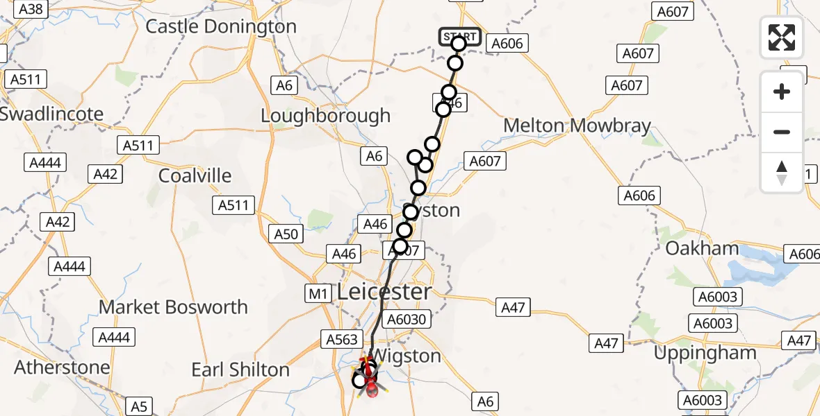 Routekaart van de vlucht: Air Ambulance Helicopter to Blaby, Mill Lane