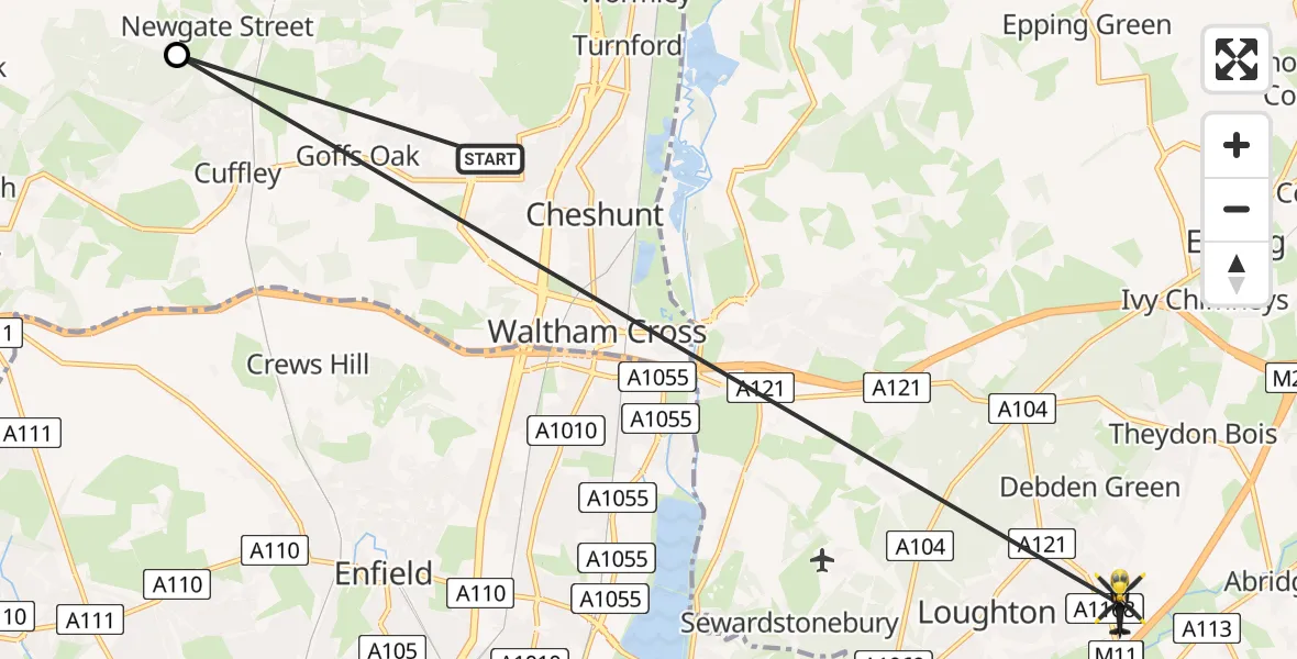 Routekaart van de vlucht: Police Helicopter to Loughton, The Broadway