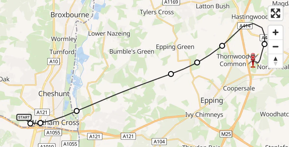 Routekaart van de vlucht: Air Ambulance Helicopter to North Weald Airfield, North Weald Airfield