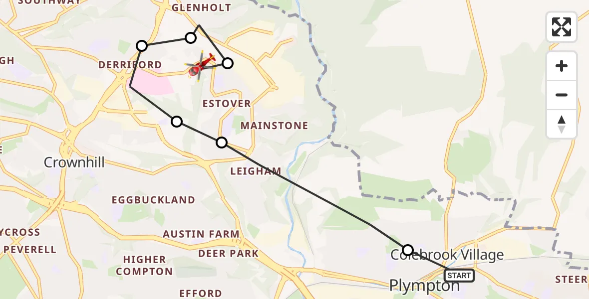 Routekaart van de vlucht: Air Ambulance Helicopter to Plymouth, Challock Close