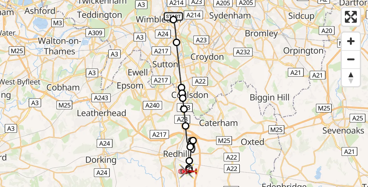 Flight route map: Air Ambulance Helicopter to Redhill Aerodrome, Redhill Aerodrome