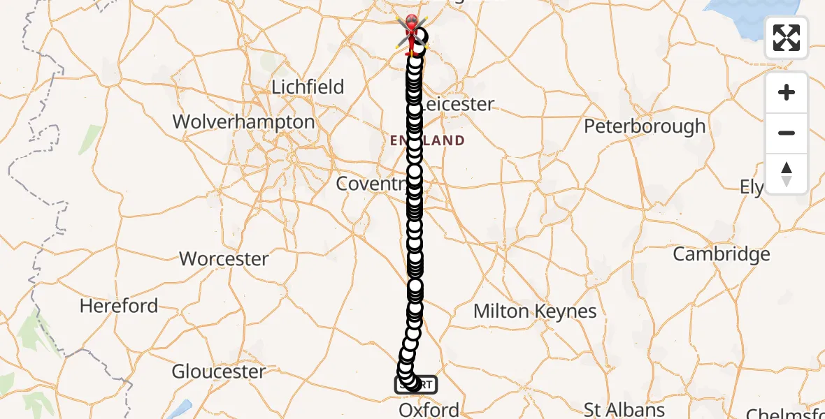 Flight route map: Air Ambulance Helicopter to East Midlands Airport, East Midlands Airport