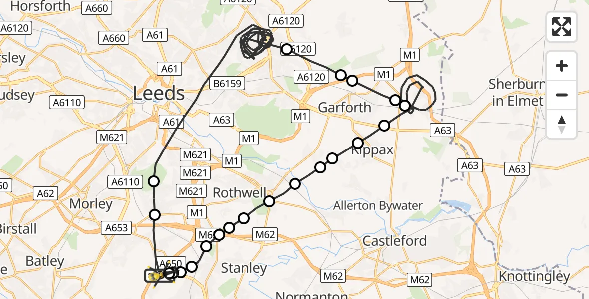 Flight route map: Police Helicopter to East Ardsley, Stoney Lane