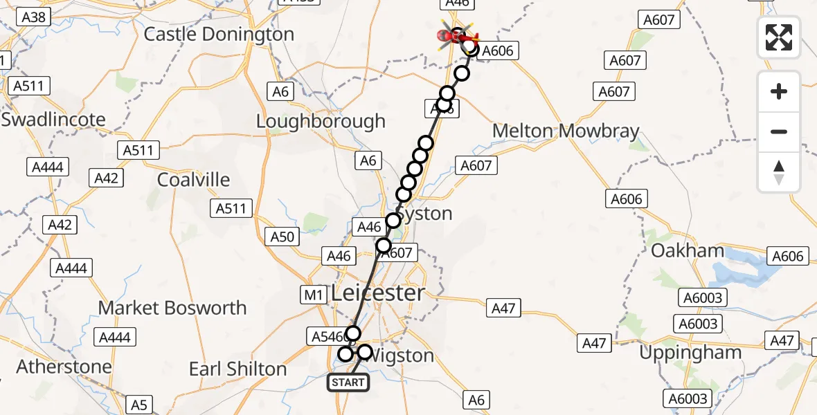 Flight route map: Air Ambulance Helicopter to Nottingham Heliport, Nottingham Heliport