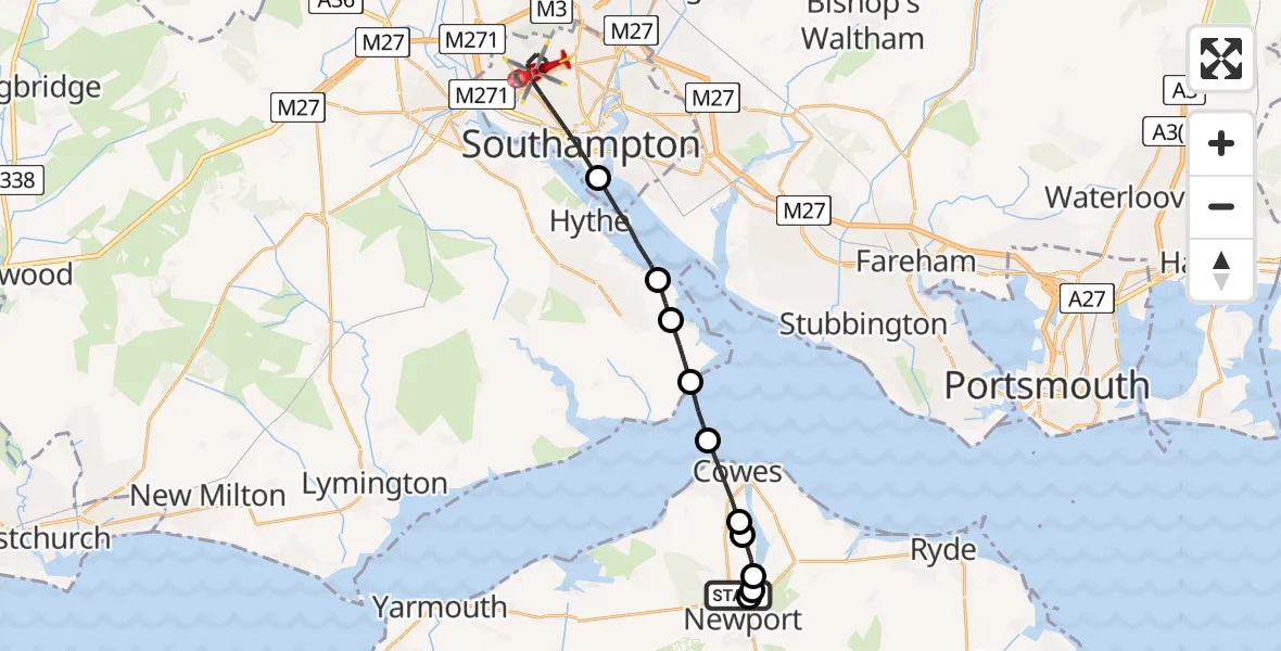 Routekaart van de vlucht: Air Ambulance Helicopter to University Hospital Southampton, Seymour Road