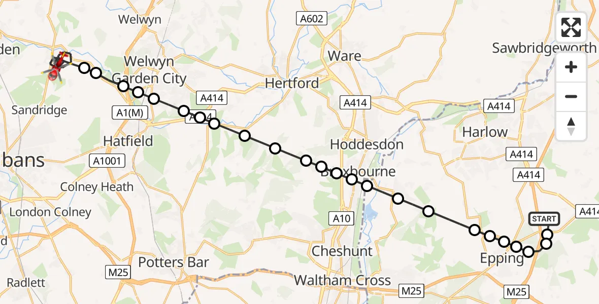 Flight route map: Air Ambulance Helicopter to Wheathampstead, Hill Dyke Road