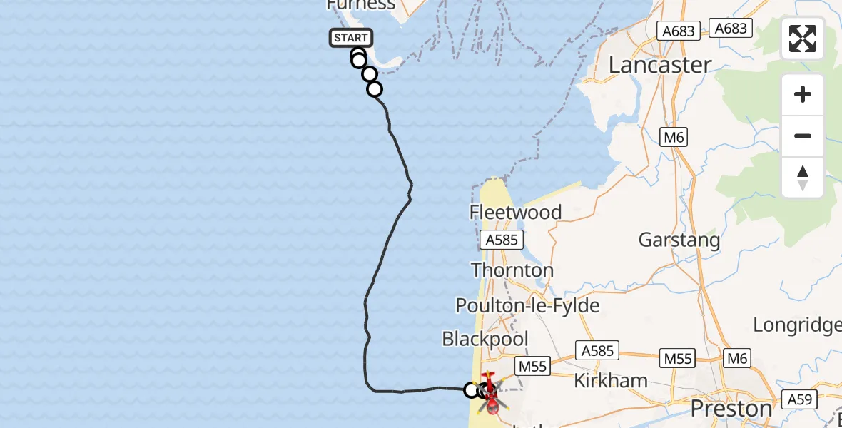 Routekaart van de vlucht: Air Ambulance Helicopter to Blackpool Airport, Blackpool Airport