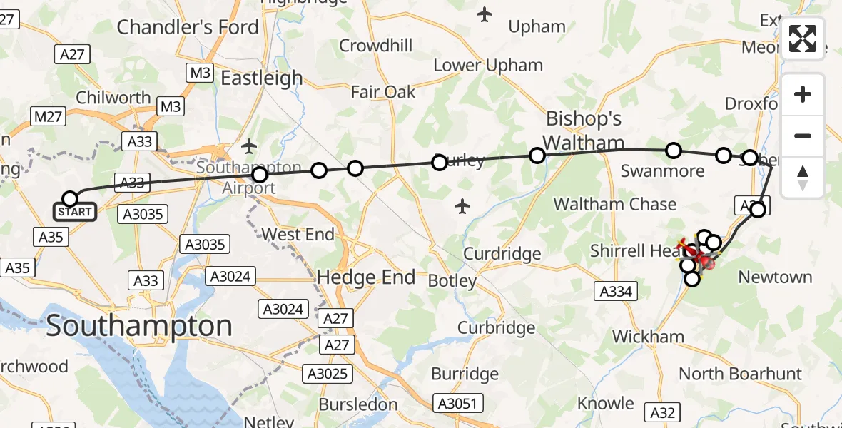 Routekaart van de vlucht: Air Ambulance Helicopter to Shirrell Heath, Kingsmead