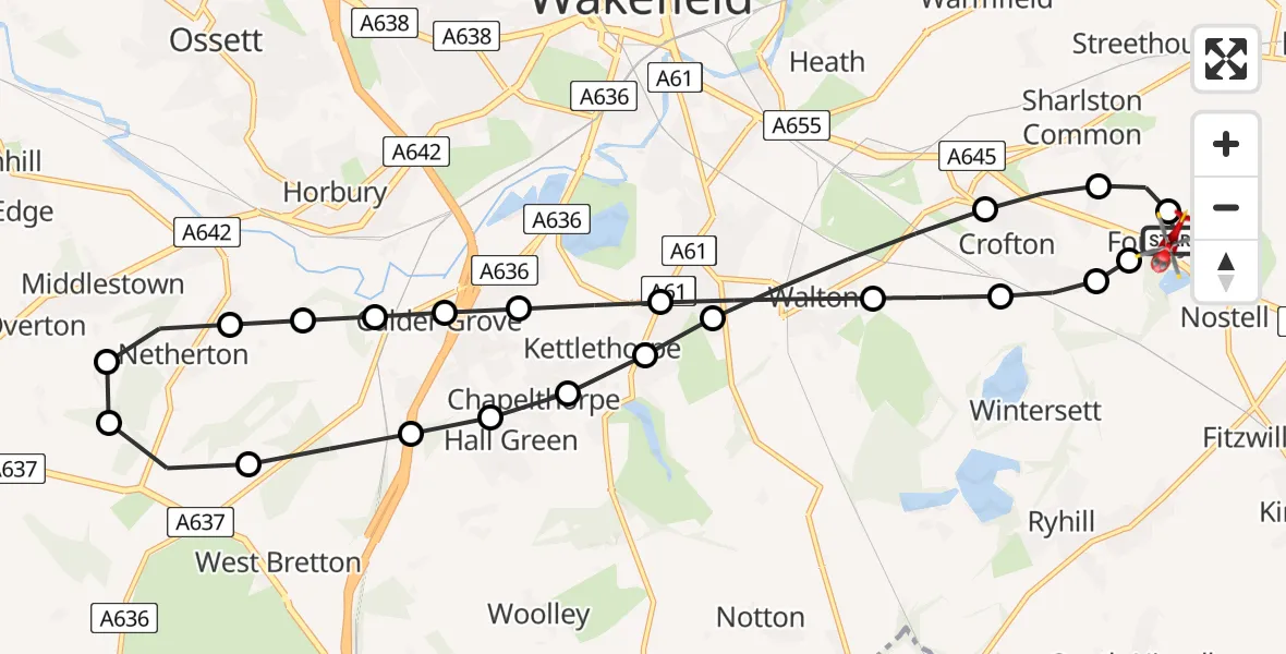 Flight route map: Air Ambulance Helicopter to YAA Nostell Helicopter Port, YAA Nostell Helicopter Port