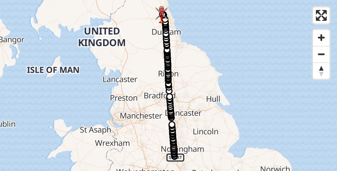 Flight route map: Air Ambulance Helicopter to Newcastle International Airport, Newcastle International Airport