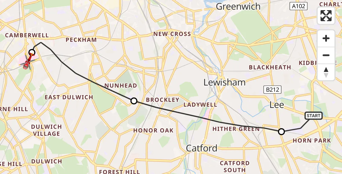 Routekaart van de vlucht: Air Ambulance Helicopter to Kings College London Hospital, Kings College London Hospital