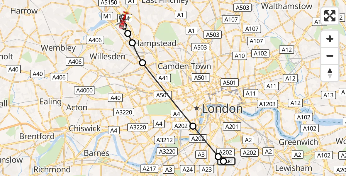 Flight route map: Air Ambulance Helicopter to London Borough of Barnet, Marble Drive