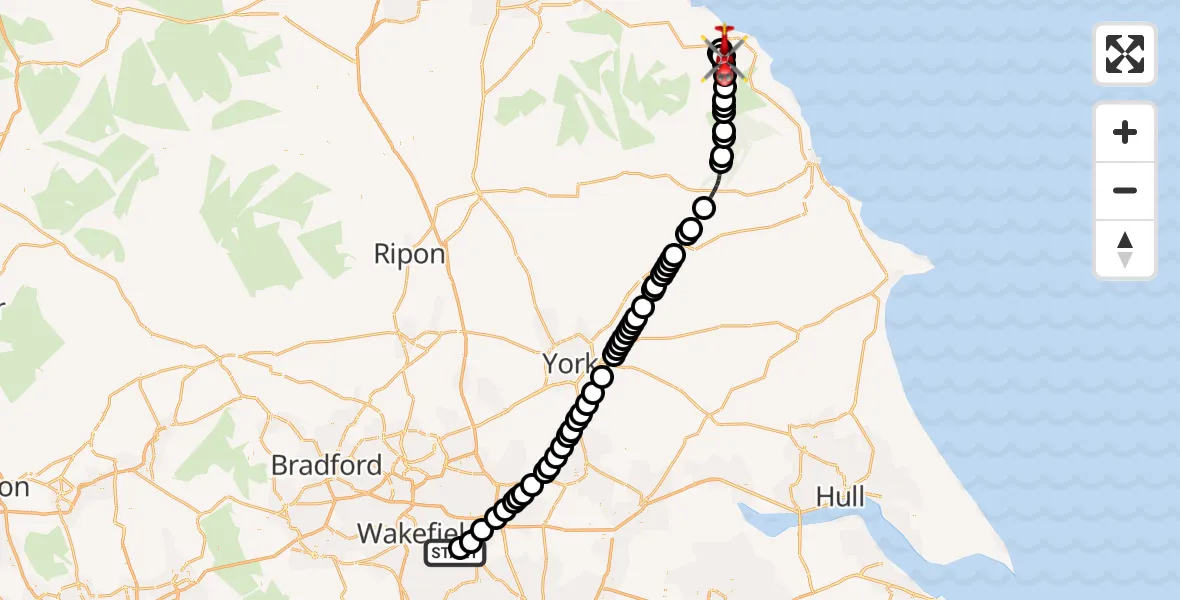 Flight route map: Air Ambulance Helicopter to Sleights, Low Garth