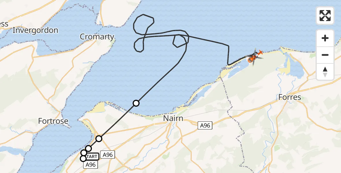 Flight route map: Coastguard Helicopter to North Sea, Inverness Airport
