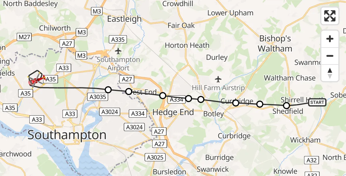 Routekaart van de vlucht: Air Ambulance Helicopter to University Hospital Southampton, Seymour Road