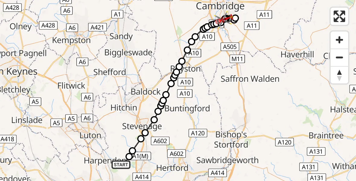 Routekaart van de vlucht: Air Ambulance Helicopter to Papworth Hospital, Papworth Hospital