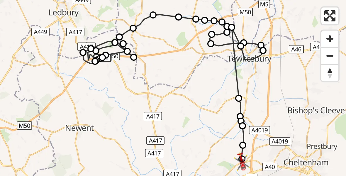 Routekaart van de vlucht: Air Ambulance Helicopter to Down Hatherley, Cheltenham Road East