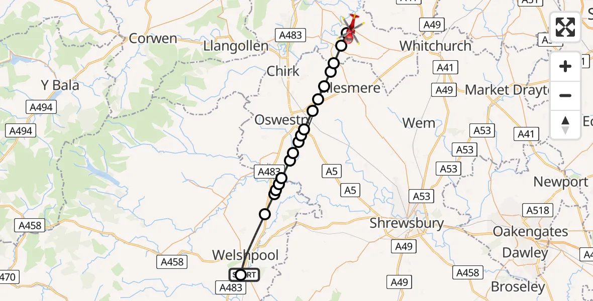 Flight route map: Air Ambulance Helicopter to Bangor Is-y-coed, Whitchurch Road