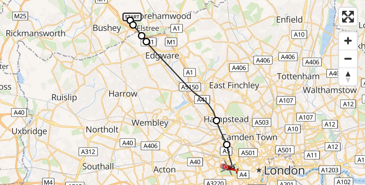 Routekaart van de vlucht: Air Ambulance Helicopter to City of Westminster, West Carriage Drive