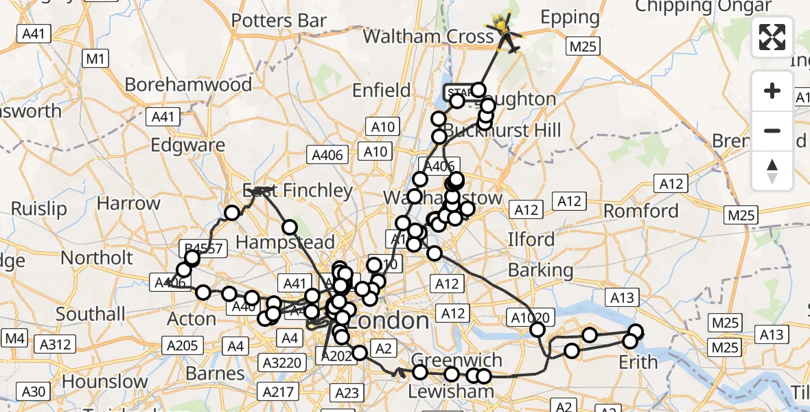 Flight route map: Police Helicopter to Epping Forest, Blind Lane