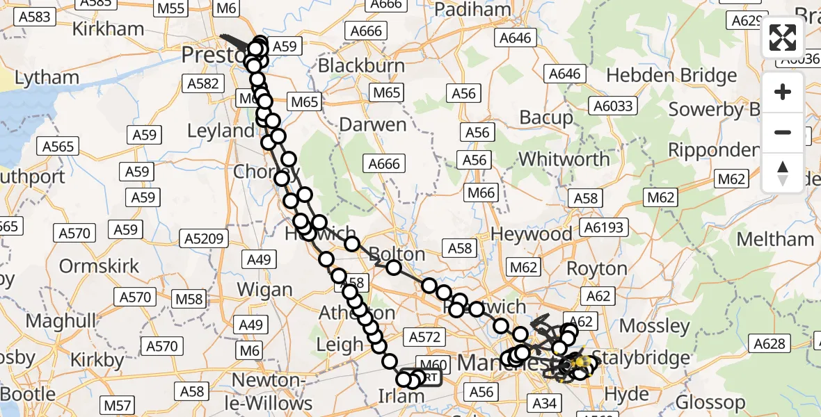Flight route map: Police Helicopter to Manchester, Salcombe Road