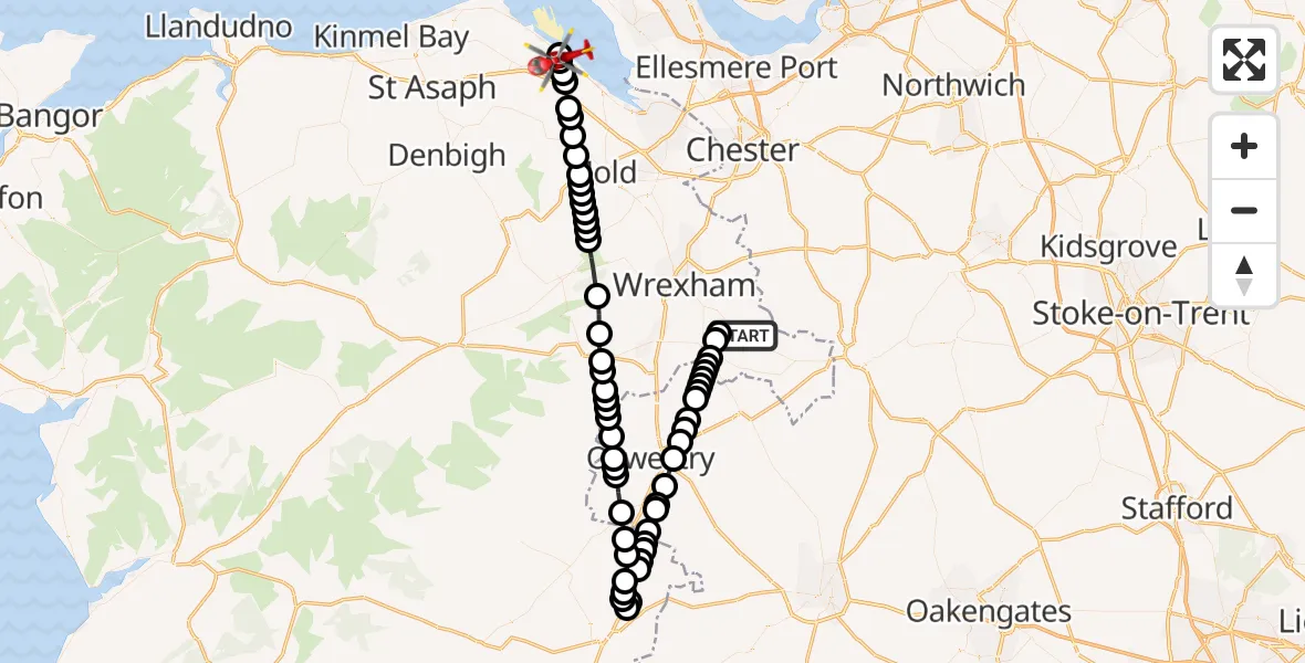 Routekaart van de vlucht: Air Ambulance Helicopter to Greenfield, Park Hall Road