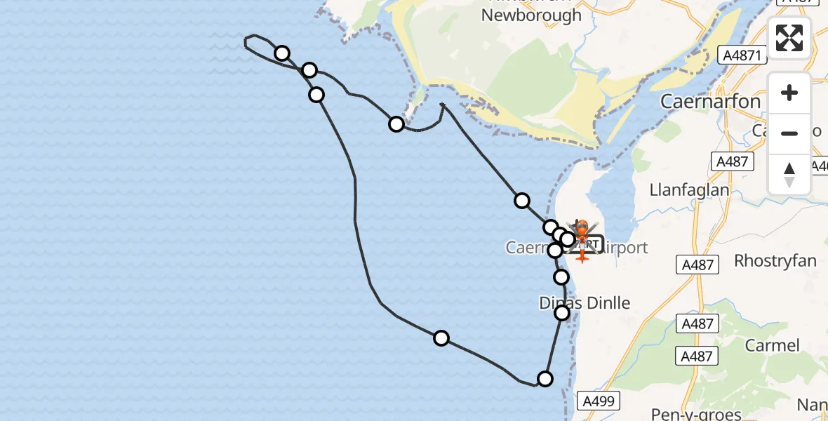 Flight route map: Coastguard Helicopter to Caernarfon Airport, Caernarfon Airport