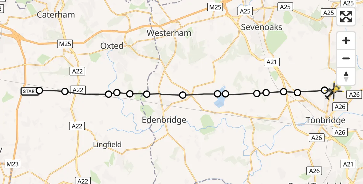 Flight route map: Police Helicopter to Tonbridge, Shipbourne Road