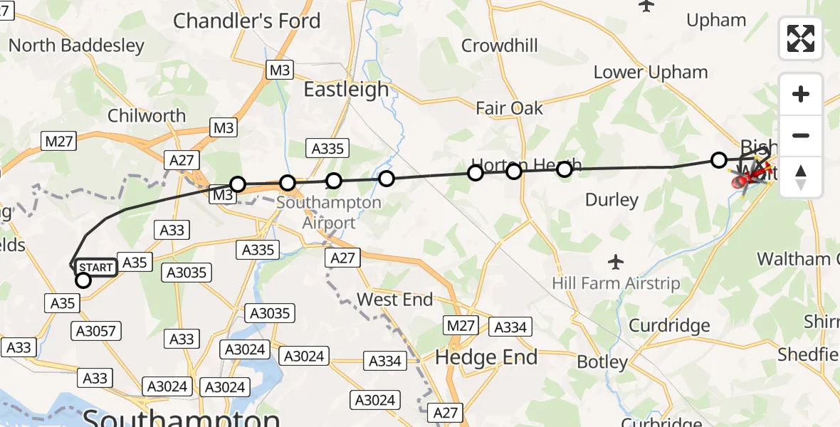 Flight route map: Air Ambulance Helicopter to Bishop's Waltham, Martin Street
