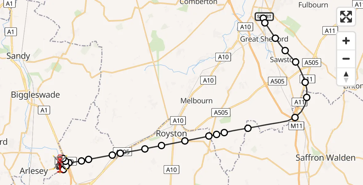 Routekaart van de vlucht: Air Ambulance Helicopter to Stotfold, Prince Charles Avenue