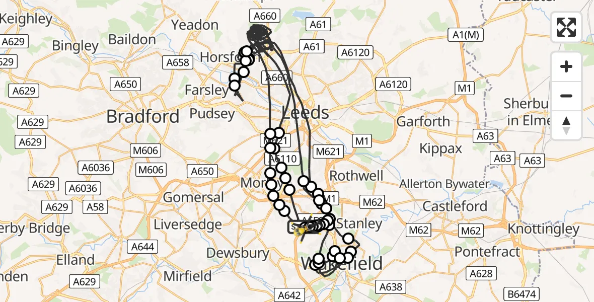 Flight route map: Police Helicopter to East Ardsley, Stoney Lane