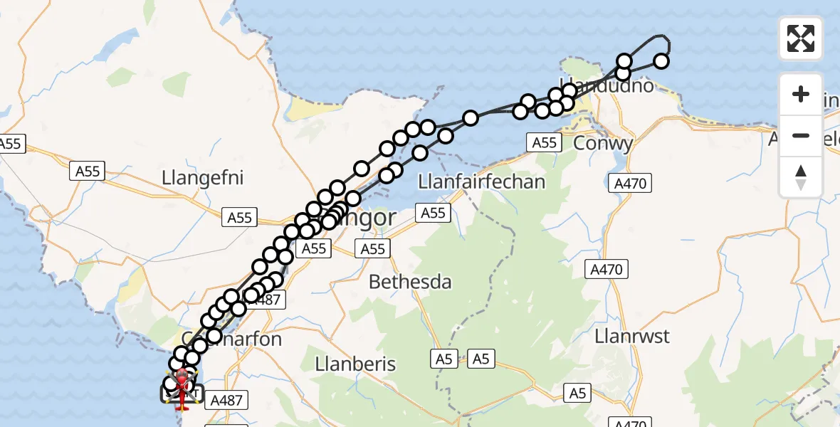 Flight route map: Air Ambulance Helicopter to Caernarfon Airport, Caernarfon Airport